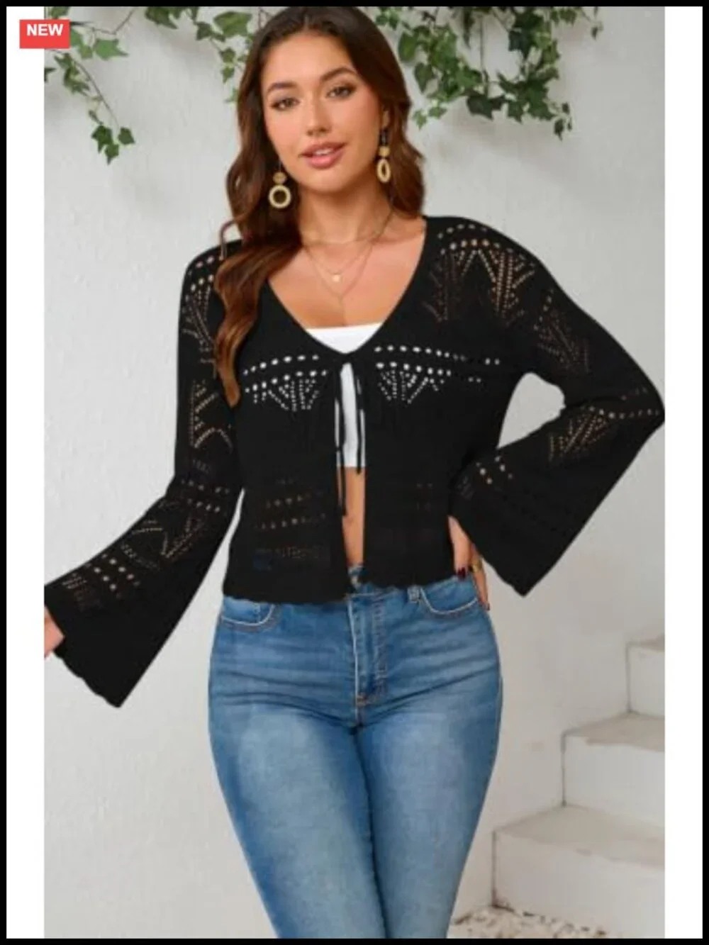 Crochet Cropped Cardigan Tie Front Shrug Sweater Bell Sleeve Boho Knit